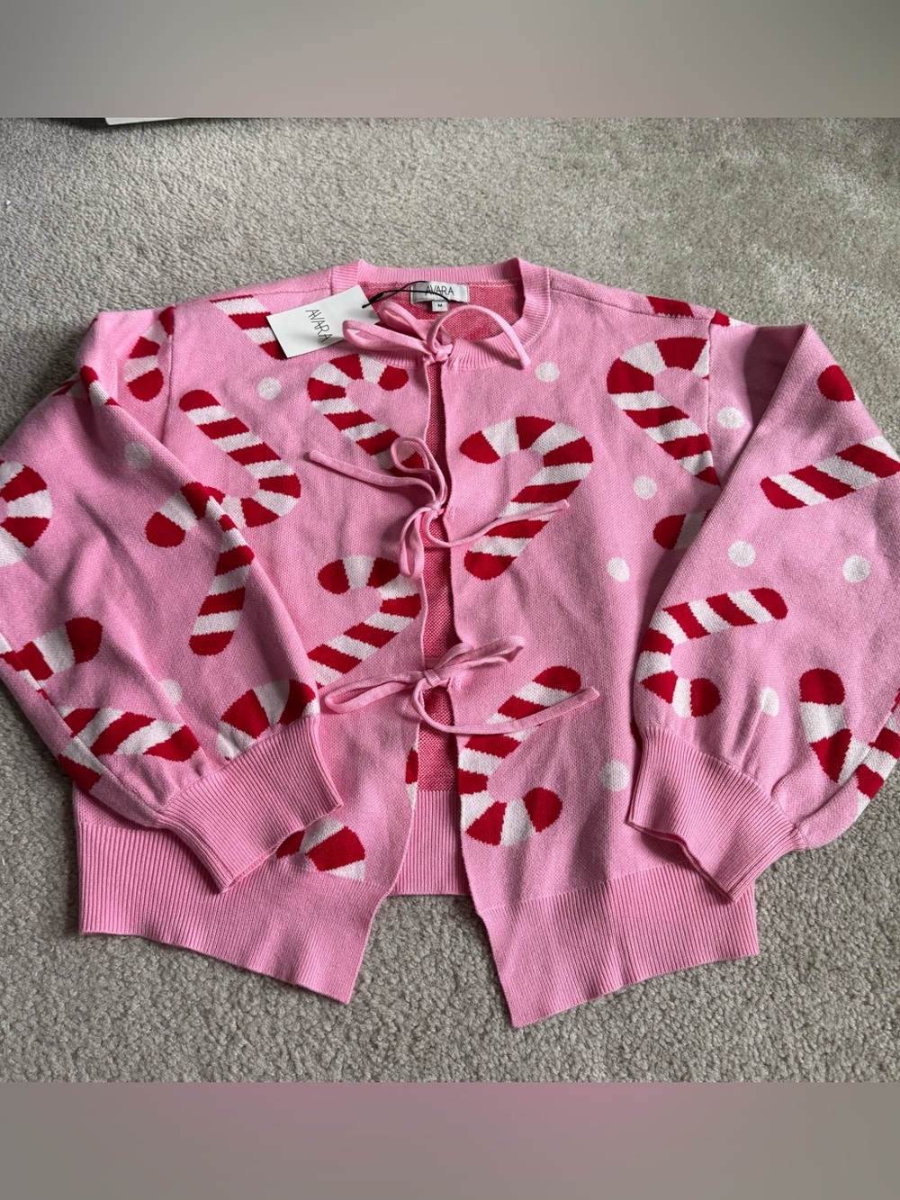 Avara Women’s Candy Cane Tie Front Cardigan Sweater Christmas Holiday Pink NWT